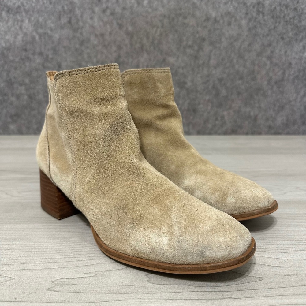 Lucky Brand Lilye Ankle Boots Womens 8 Beige Suede Stacked Block Heel Zip Up